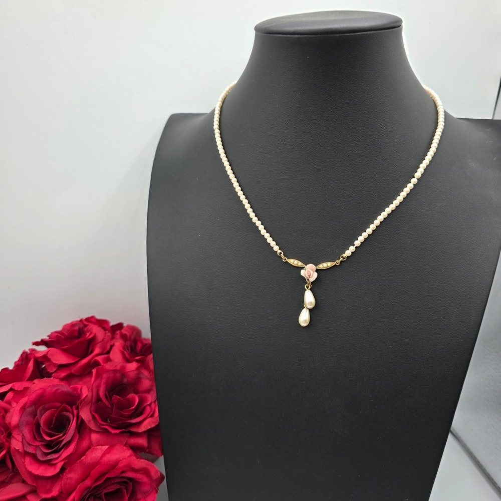 1928 Jewelry Gold Tone Faux Pearl Pink Rose Victorian Revival Drop‎ Necklace 15"